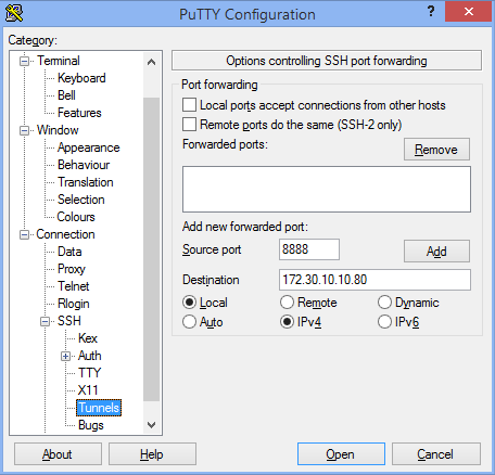 PuTTY SSH tunnel port forwarding