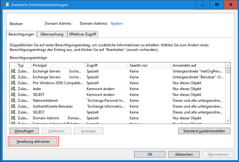 Unter Eingenschaften des Benutzers geht man zum Tab Sicherheit und Erweitert.
