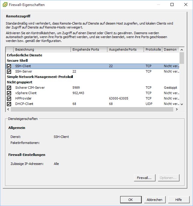 VM klonen auf ESXi-Host, vSphere Firewall SSH-Client aktivieren