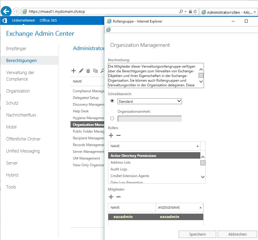 Exchange Admin Center, Administratorrollen Organization Management
