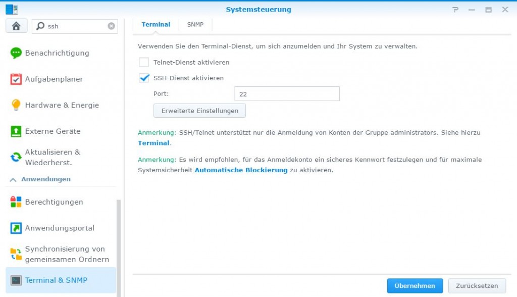Synology root Login, SSH-Dienst aktivieren