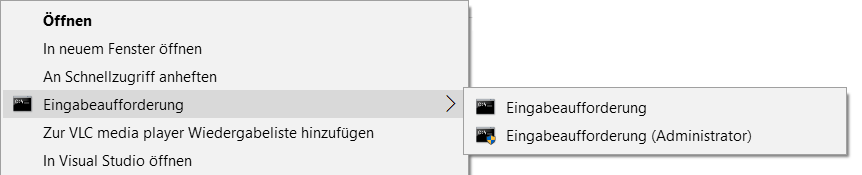 Eingabeaufforderung als Administrator Kontextmenü
