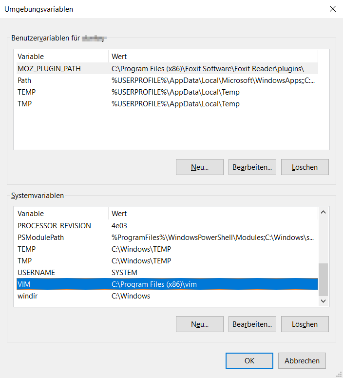 VIM Editor Windows Installation, VIM Systemvariablen