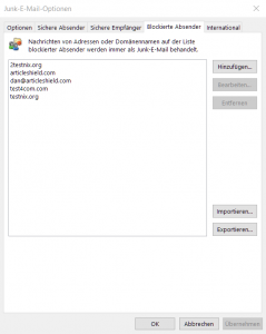 Abbildung: Junk-E-Mail Optionen: Blockierte Abesnder