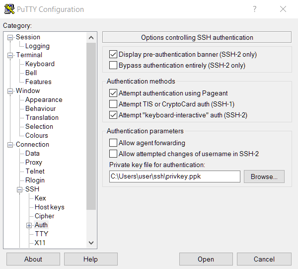 putty configuration ssh auth