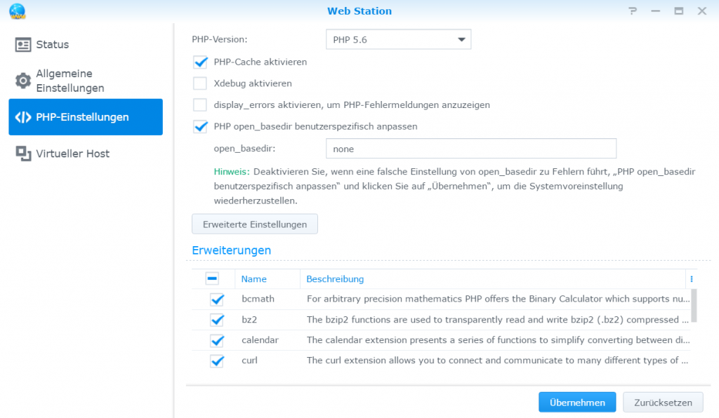 Synology Web Station Allgemeine Einstellungen