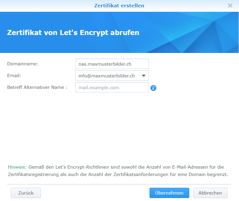 Synology Let's Encrypt Zertifikat abrufen