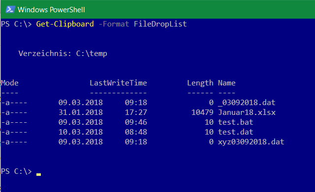 Zwischenablage in PowerShell nutzen, Get-Clipboard -Format FileDropList