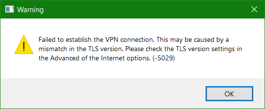 Failed to establish the VPN connection. This may be caused by a mismatch in the TLS version. Please check the TLS version settings in the Advanced of the Internet options.