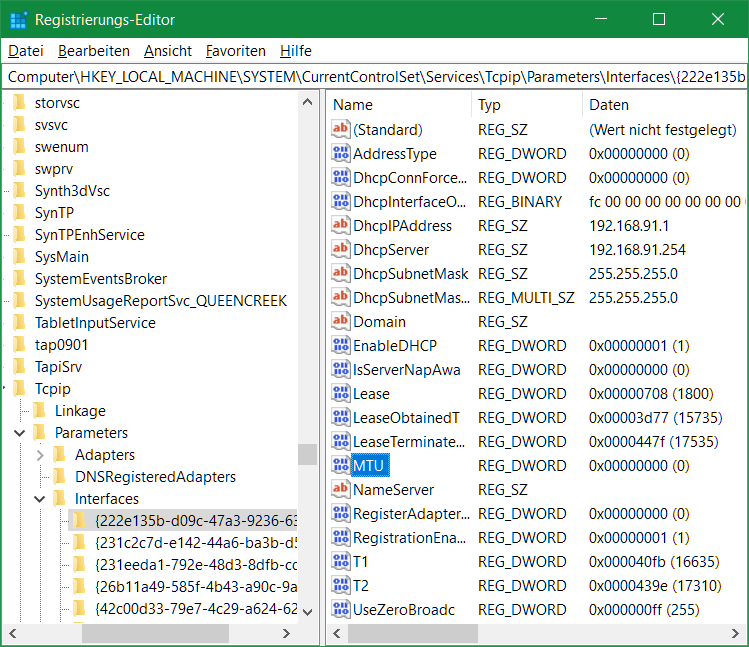 Regedit Interface mit der passenden IP Adresse