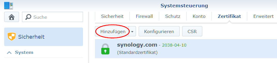 Synology Systemsteuerung Sicherheit Zertifikat