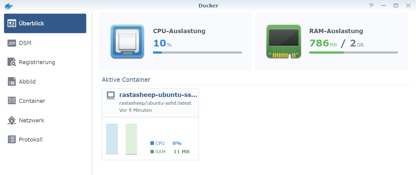 Synology Docker Übersicht mit Resourcen der gestarteten Container