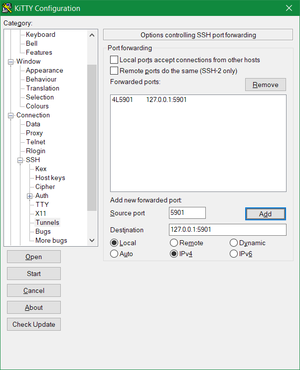 VNC Verbindung mit SSH-Tunnel absichern, KiTTY SSH Tunnel Configuration
