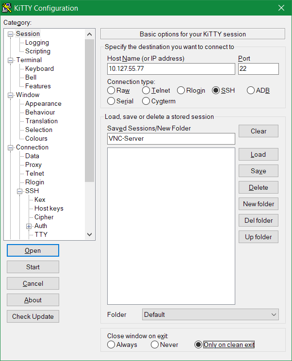 VNC Verbindung mit SSH-Tunnel absichern, KiTTY Configuration