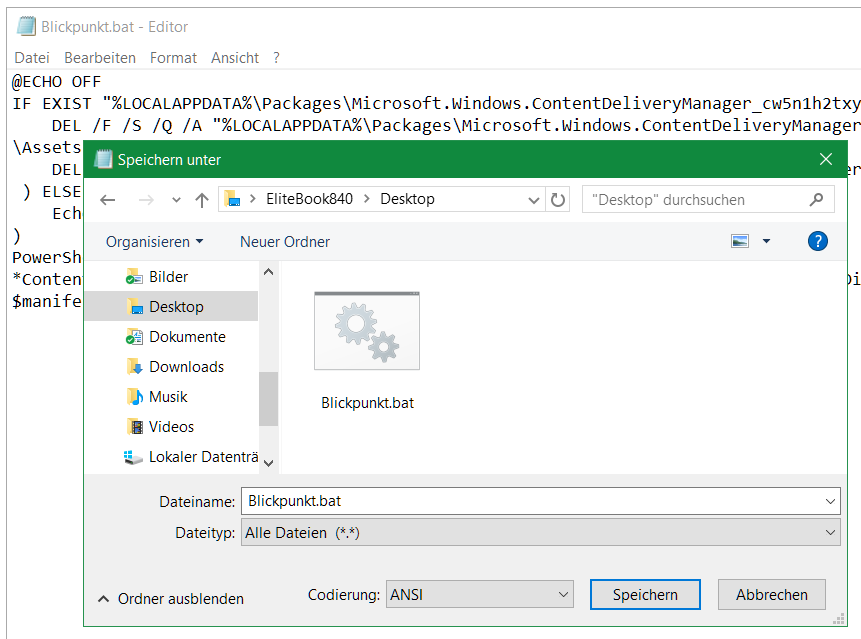 Auf Datei - Speichern unter, und als Dateiname Blickpunkt.bat Speichern.