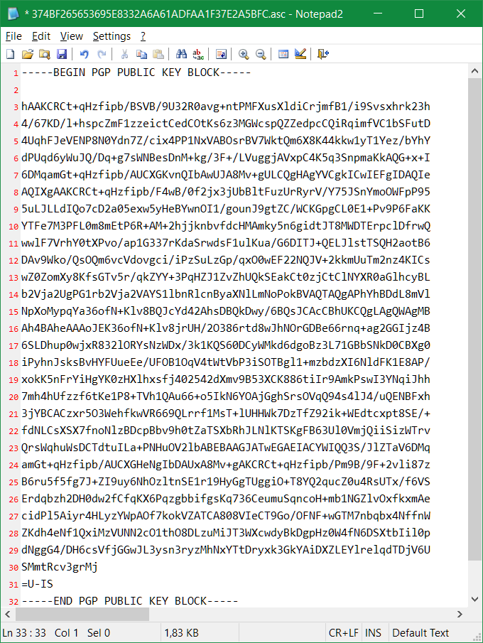 Der in der asc-Datei exportierte öffentliche Schlüssel kann in Notepad geöffnet werden, den Inhalt mit Copy & Paste in ein E-Mail einfügen.