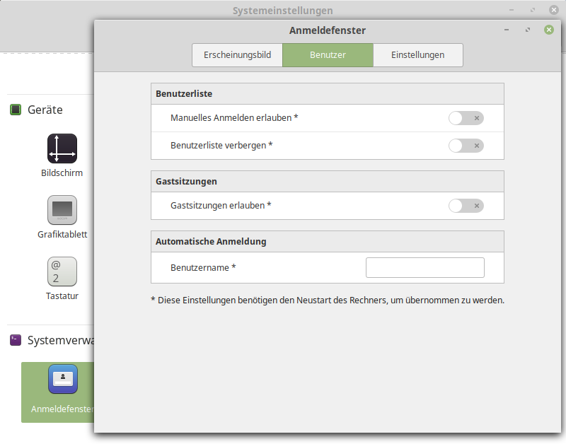 Linux Mint Automatische Anmeldung, das Feld Benutzername muss leer sein