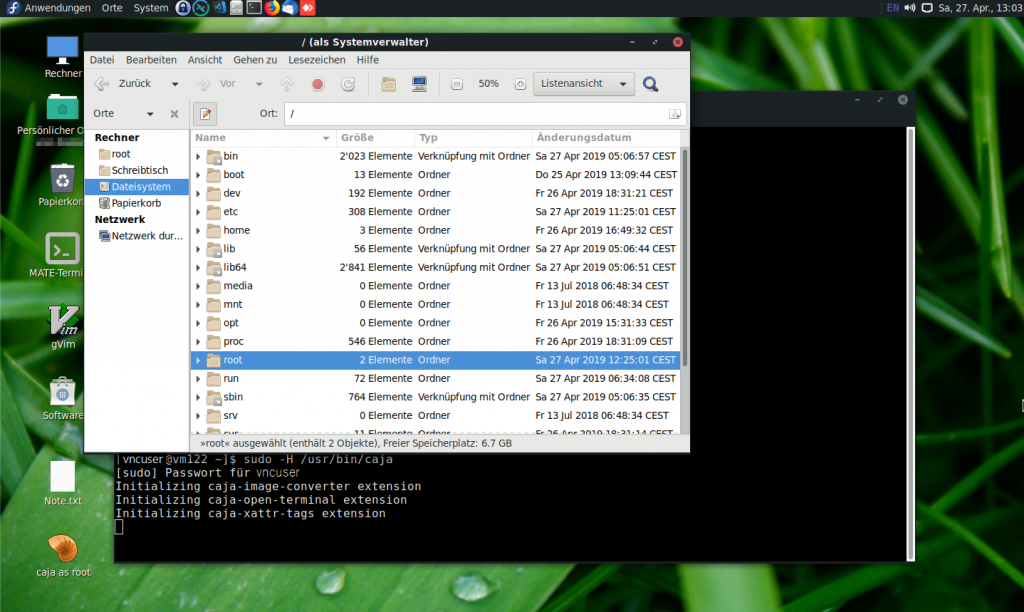 A double-click will open a terminal in here enter your password to gain root privileges able to run Caja as root.