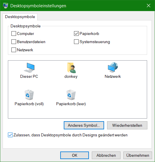Mit Klick auf OK kommt man zu den Desktopsymboleinstellungen um den Papierkorb zu aktivieren.