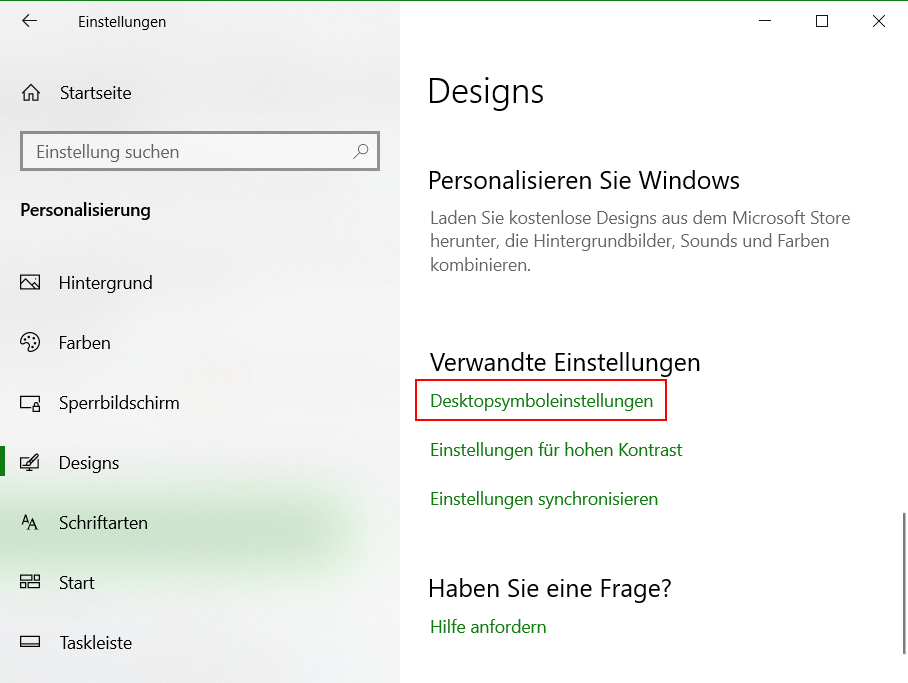 Windows Papierkorb nicht mehr auf Desktop, aber im Explorer anzeigen, dazu geht man zu den Einstellungen - Personalisierung - Design - Desktopsymboleinstellungen