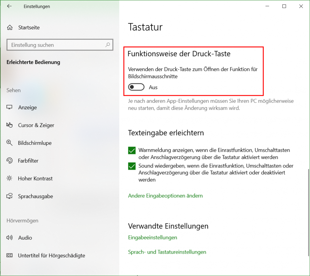 Druck-Taste aktivieren für Snipping Tool und der Funktion für Bildschirmausschnitte