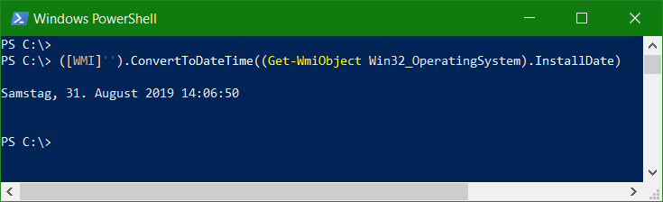 Die Ausgabe zeigt das Installationsdatum und die Uhrzeit an diesem das Betriebssystem installiert wurde.