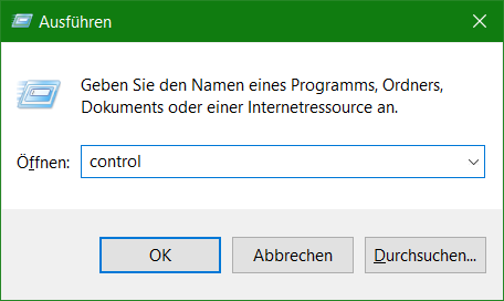 Alternativ kann in des Feld öffnen control eingegeben werden mit anschliessend klick auf OK