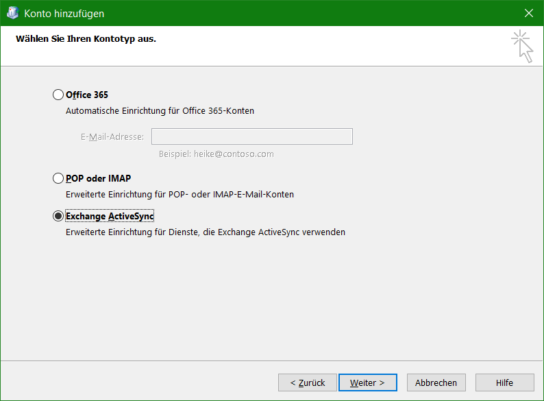 Outlook Kontotyp Exhange ActiveSync