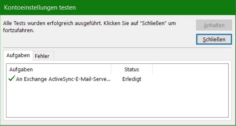 Kopano Postfach in Outlook hinzufügen. Kontoeinstellungen testen