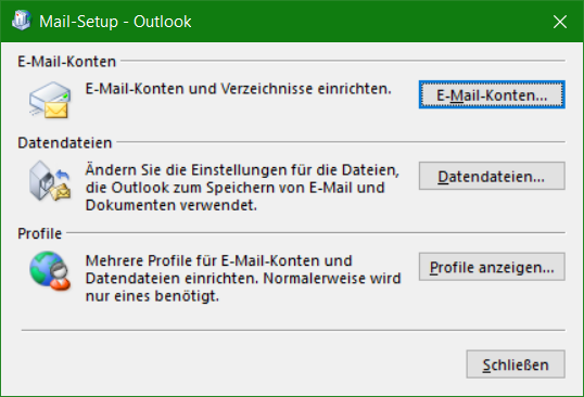 Kopano Postfach in Outlook hinzufügen. Ausführen MLCFG32.CPL, Mail Setup - Outlook