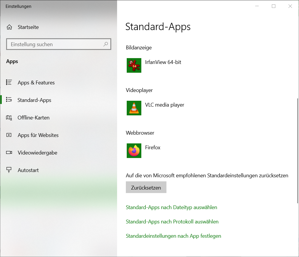 Windows Dateityp und Dateiendung Einstellungen, Einstellungen-Standard-Apps