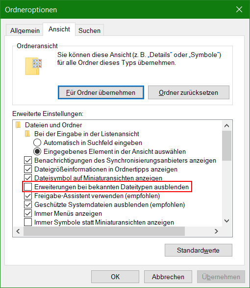 Windows Dateityp und Dateiendung Einstellungen in Explorer-Ordneroptionen