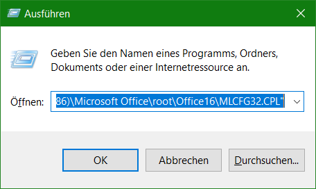 Ausführen MLCFG32.CPL, Kopano Postfach in Outlook hinzufügen