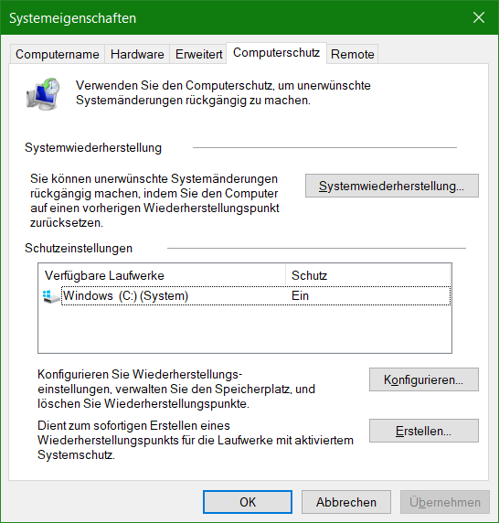 Windows Systemwiederherstellung, Computerschutz Systemeigenschaften öffnen