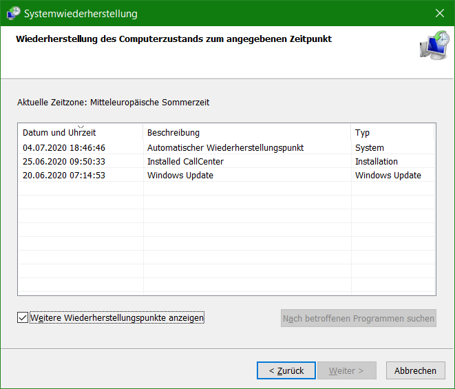 Windows Wiederherstellungspunkt