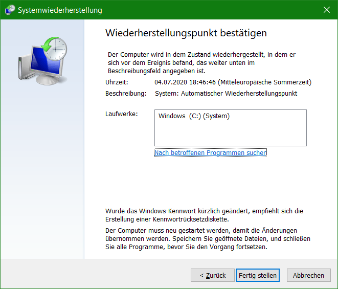 Windows Wiederherstellungspunkt