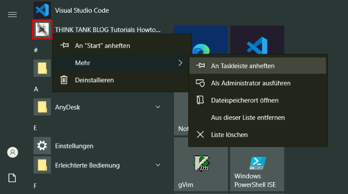 Mit Microsoft Edge Webseite als App installieren. Webseite in Taskleiste anheften
