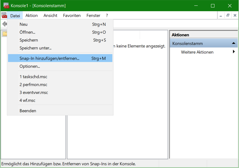 Im Menü auf Datei und Snap-In hinzufügen/entfernen