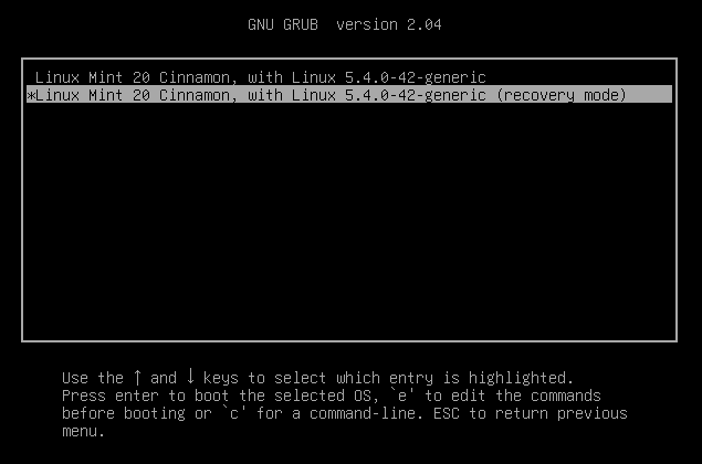 Linux Mint Recovery Menü