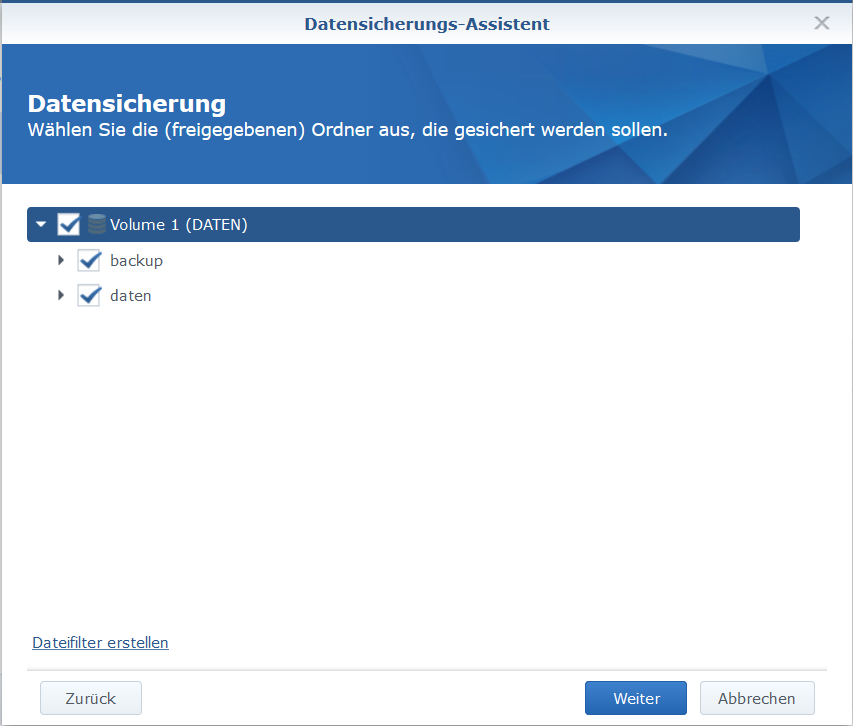 Synology Es können Freigaben gewählt werden die gesichert werden sollen.