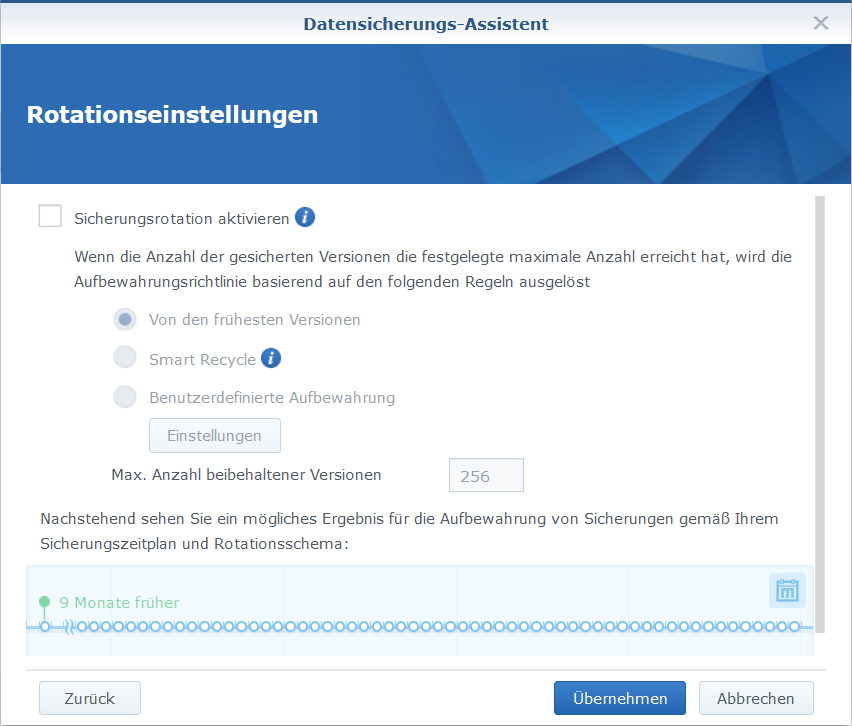 Bei Rotationseinstellungen kann die Sicherungsrotation definiert werden