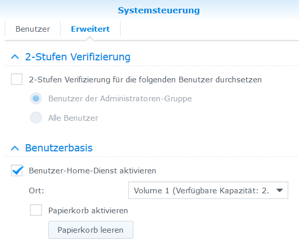 Linux Backup auf Synology mit rsync. Nach der Anmeldung öffnet man aus dem DSM die Systemsteuerung und geht zu Benutzer - Erweitert.