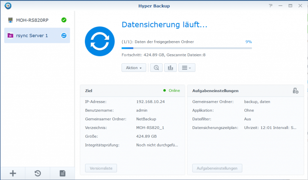 Aus dem DSM bei der RackStation kann die erste Sicherung auf das zweite NAS jetzt erfolgen