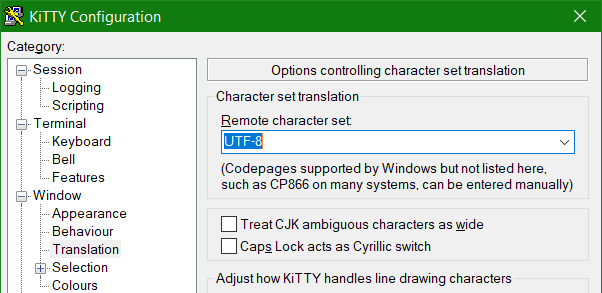 KiTTY Zeichenkodierung sollte bei KiTTY auf UTF-8 geändert werden
