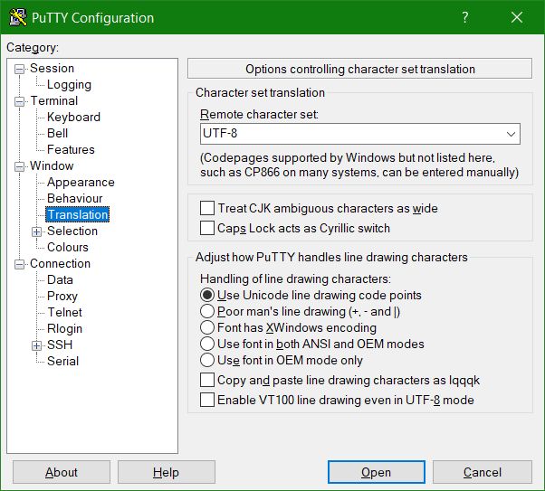 PuTTY Configuration Remote Zeichenkodierung UFT-8