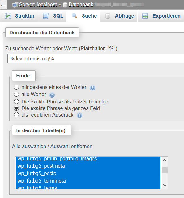 WordPress search words and pharse using phpMyAdmin