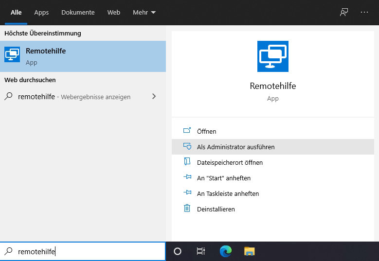 Am einfachsten findet man die App über Start und der Eingabe von Remotehilfe.