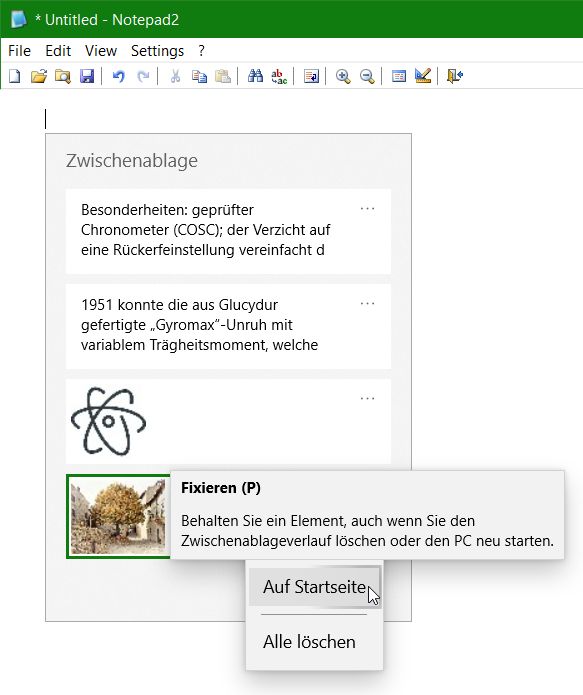Windows Zwischenablageverlauf auf Startseite fixieren
