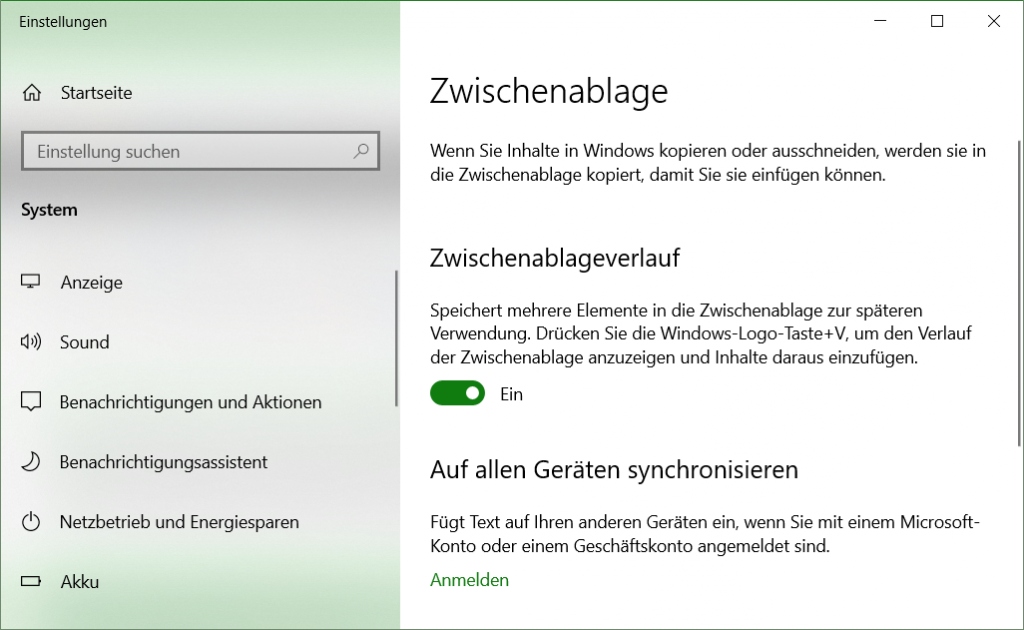 Aktivieren lässt sich der Windows Zwischenablageverlauf in den Einstellungen - mit der Eingabe von Einstellungen für Zwischenablage im Suchfeld.