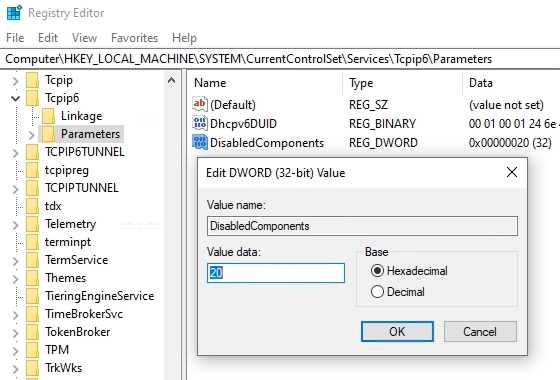 IPv4 IPv6 Registry Key DisabledComponents